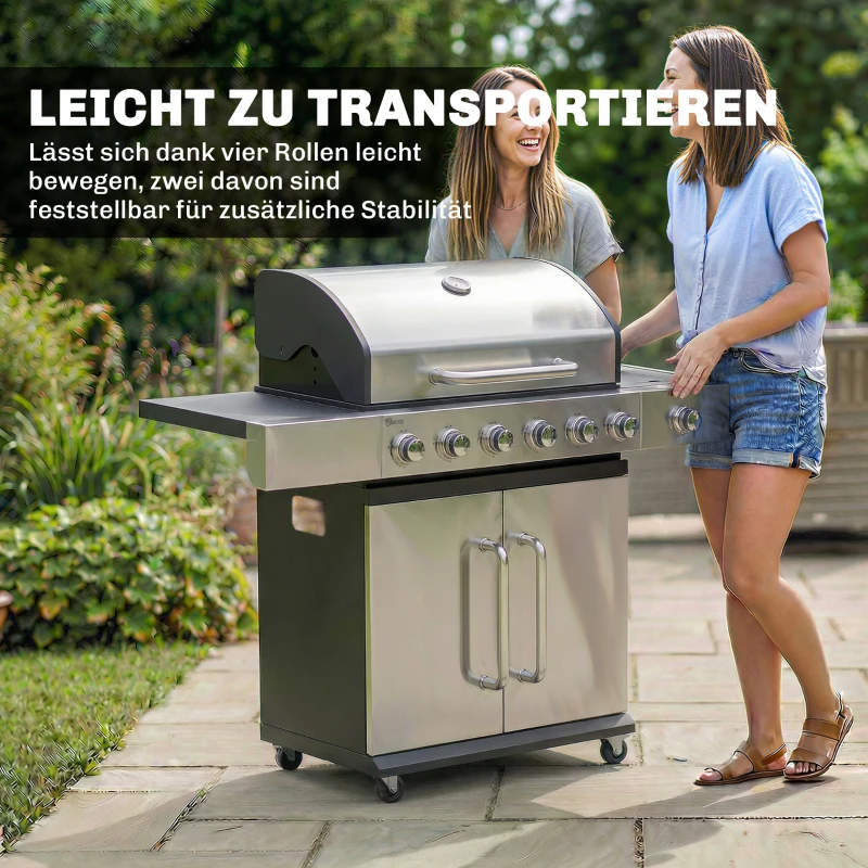 Outsunny Gasgrill 18,6 KW 6+1 Brenner BBQ Grillwagen aus Edelstahl inkl Rolle Thermometer Warmhalterost Seitentisch Unterschrank
