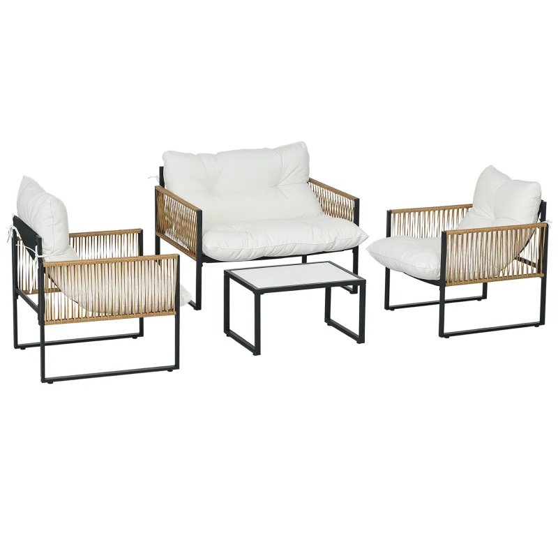 Outsunny Conjunto de Jardín Exterior de Ratán Sintético con 2 Sillones 1 Sofá de 2 Plazas 1 Mesa de Centro y Cojines Crema
