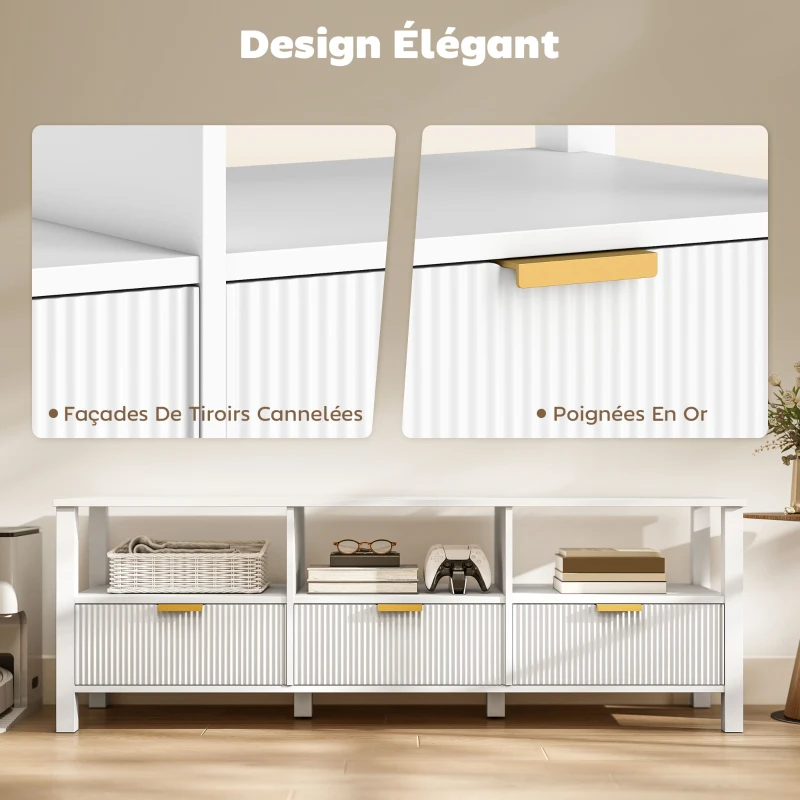 HOMCOM Meuble TV 152 cm, meuble télé pour téléviseur 65 pouces avec 3 tiroirs et 3 étagères ouvertes, 152x39,5x50cm, blanc