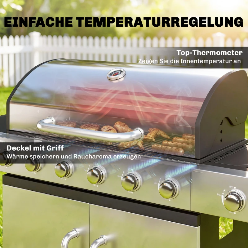 Outsunny Gasgrill 18,6 KW 6+1 Brenner BBQ Grillwagen aus Edelstahl inkl Rolle Thermometer Warmhalterost Seitentisch Unterschrank