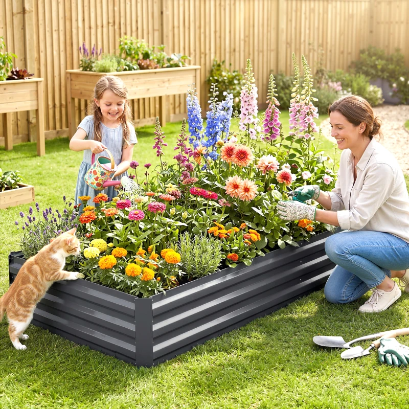 Outsunny Carré potager de jardin rectangulaire jardinière extérieure 241 x 90 x 30 cm tôle d'acier ondulée gris