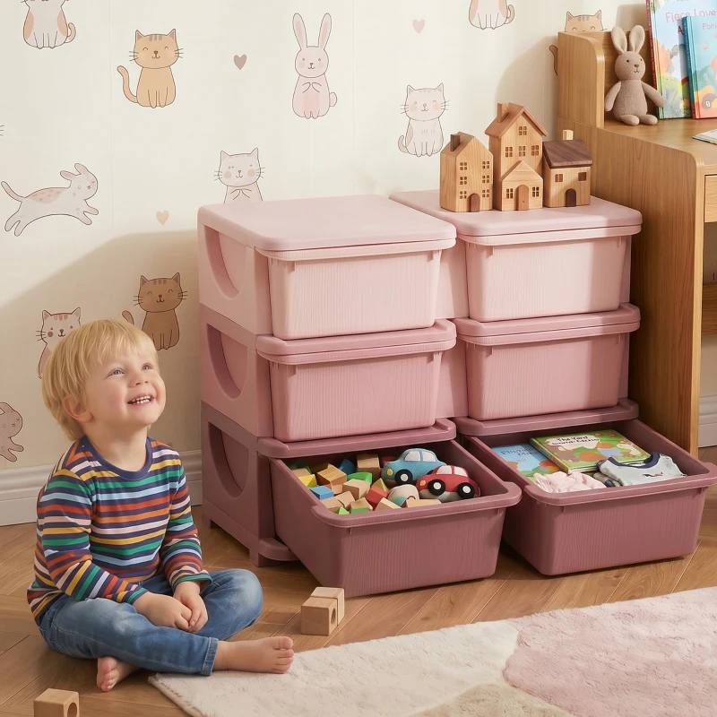 HOMCOM Organisateur de jouets pour enfants à 3 niveaux avec 6 tiroirs, boîtes de rangement en plastique, 75x37x56,5cm, rose