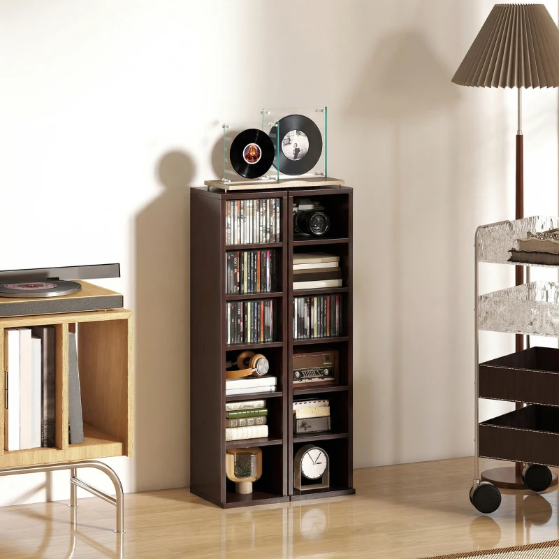HOMCOM Lot de 2 étagères colonnes armoire de rangement CD-DVD 12 compartiments 21 x 22,5 x 88,5 cm capacité 204 CD marron