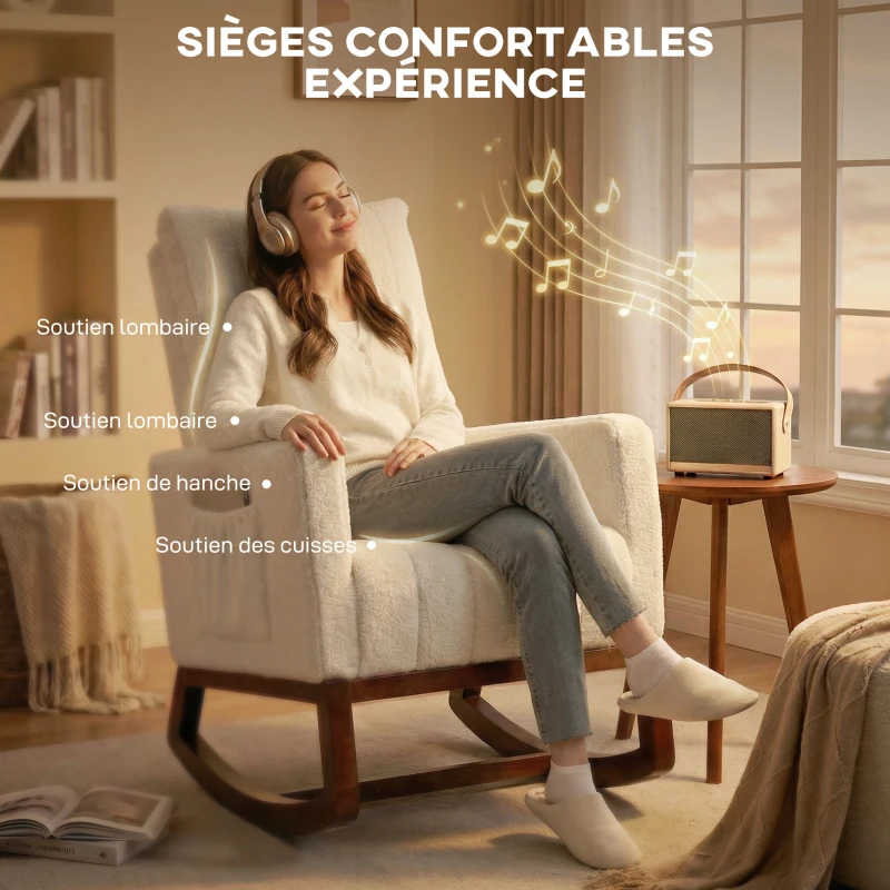 HOMCOM Fauteuil à bascule, rocking chair en flanelle neige rembourré, coussin lombaire, dossier haut, poches latérales, crème