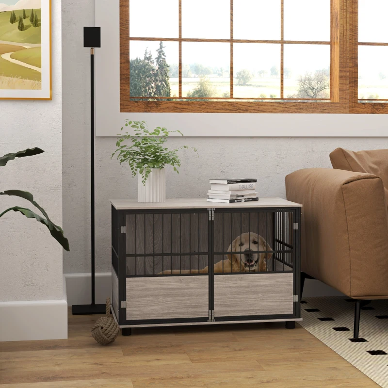 PawHut Cage pour chien intérieur, table d'appoint, 100 x 60 x 68 cm, niche, 3 portes verrouillables,  aspect bois noir