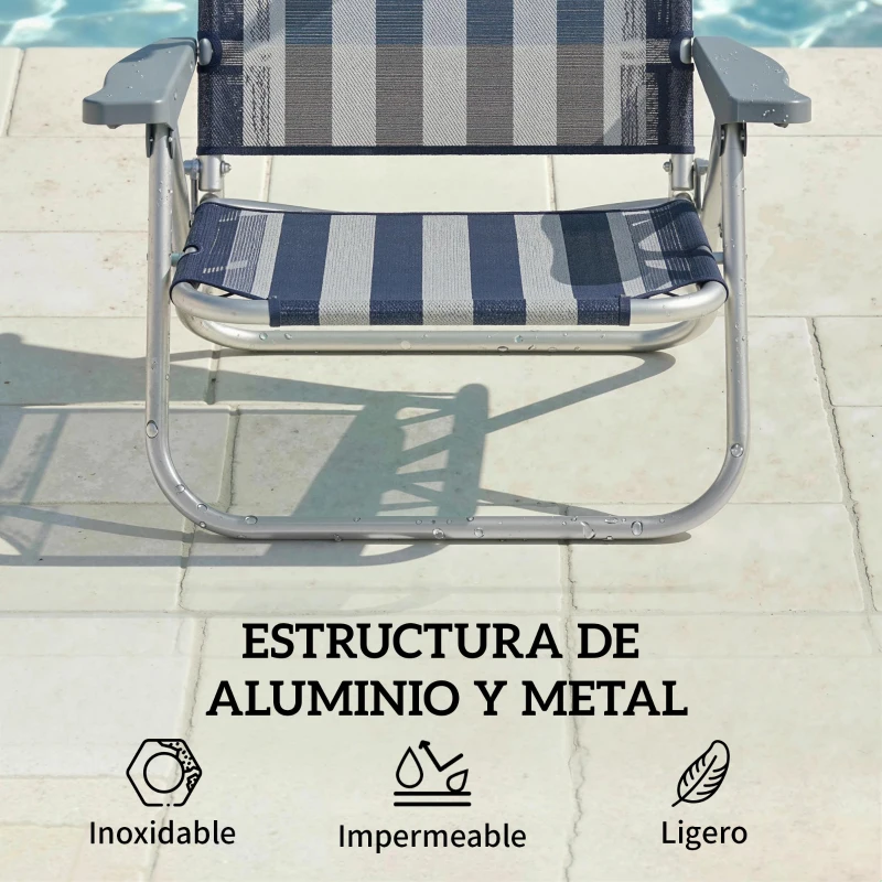 Outsunny Juego de 2 Sillas de Playa Plegables con Dosel Ajustable Respaldo Reclinable 6 Posiciones Reposacabezas Azul y Blanco