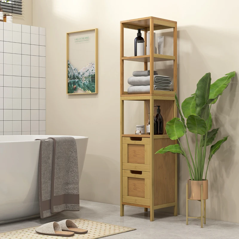 kleankin Meuble Colonne Rangement Salle de Bain Style Cosy dim. 30L x 30l x 144H cm 3 étagères 2 tiroirs Bambou