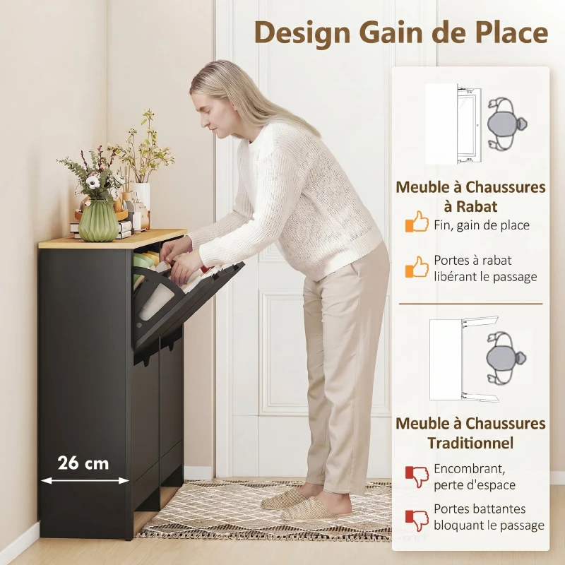 HOMCOM Meuble à chaussures 16 paires, armoire à chaussures avec 4 tiroirs rabattables étagères réglables, noir et bois naturel