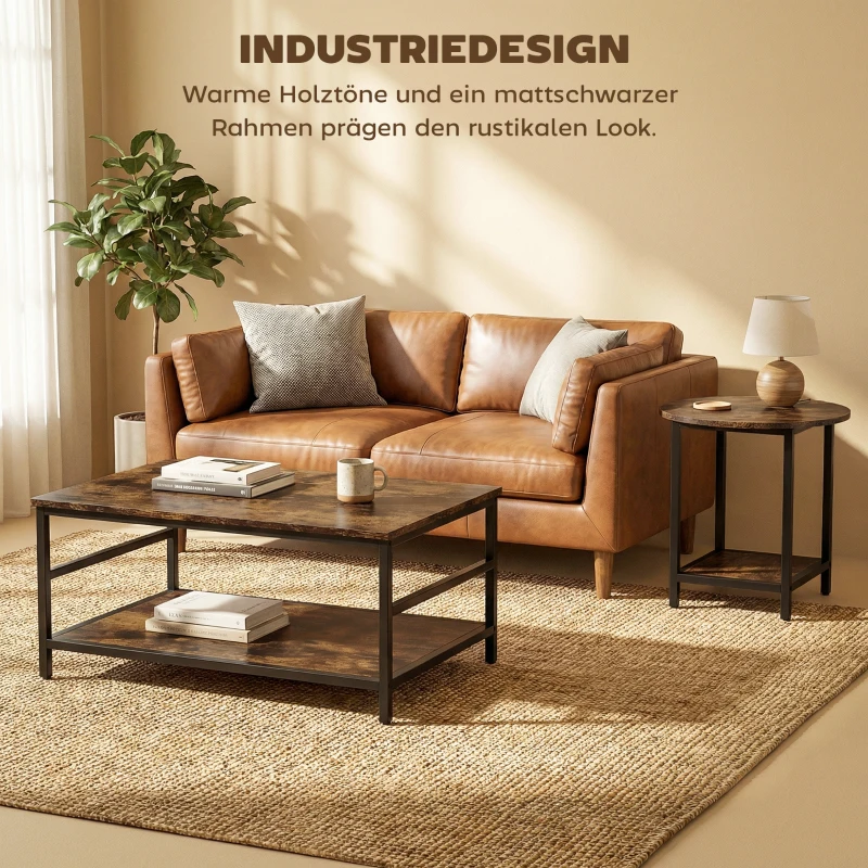 HOMCOM Couchtisch-Set, 2-teilig, rechteckiger und runder Tisch mit 2-stufigem Stauraum, für Wohnzimmer, Rustikal-Braun