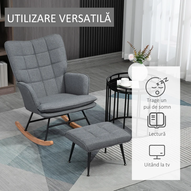 HOMCOM Scaun Balansoar cu Taburet în Stofă Tip In și Lemn cu Pernă, Cotiere, Capacitate 130 kg, Gri