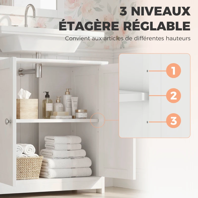 kleankin Meuble salle de bain sous lavabo - meuble sous-vasque - placard 2 portes avec étagère - dim. 60L x 30l x 60H cm - en bois blanc