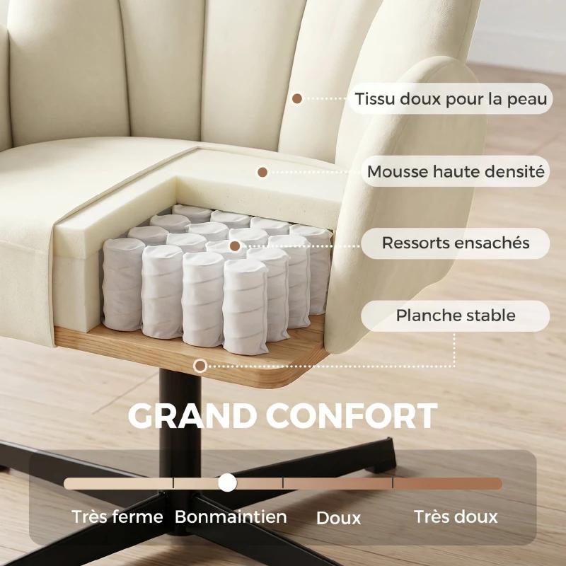 HOMCOM Fauteuil salon pivotant fauteuil d'appoint rembourré en velours dossier en forme de coquille coussin à ressorts beige