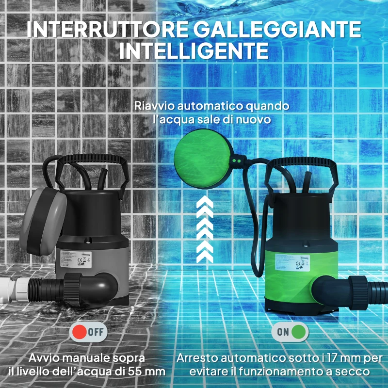 Outsunny Pompa Acqua Sporca/Pulita 400W, 9.000L/h, Pompa Sommersa Acque Sporche 7m Profondità Max, Gestisce Particelle fino a 15mm, Interruttore a Galleggiante, Verde