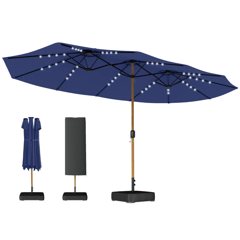 Outsunny Double Sided Garden Parasol with Base Included & 48 Solar LED Lights Patio Umbrella Crank Handle 4.6m Dark Blue