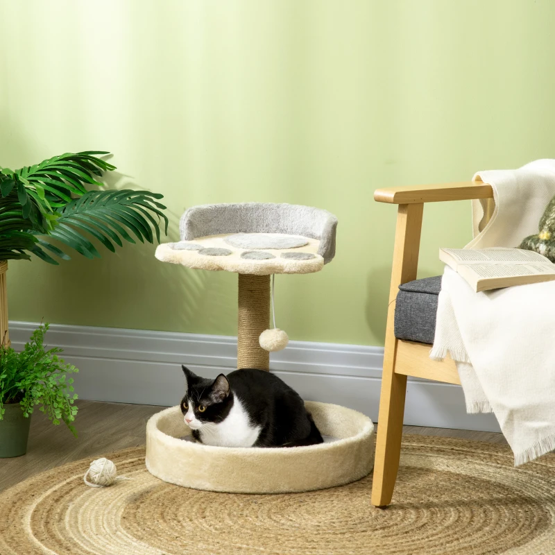 PawHut Arbre à chat griffoir grattoir en forme de patte 2 plateformes et un pompon suspendu hauteur 44 cm gris