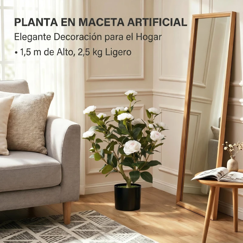 HOMCOM Planta Artificial de Camelia 65cm Árbol Artificial en Maceta con Flores de Seda Realistas 116 Hojas Efecto Musgo Blanco
