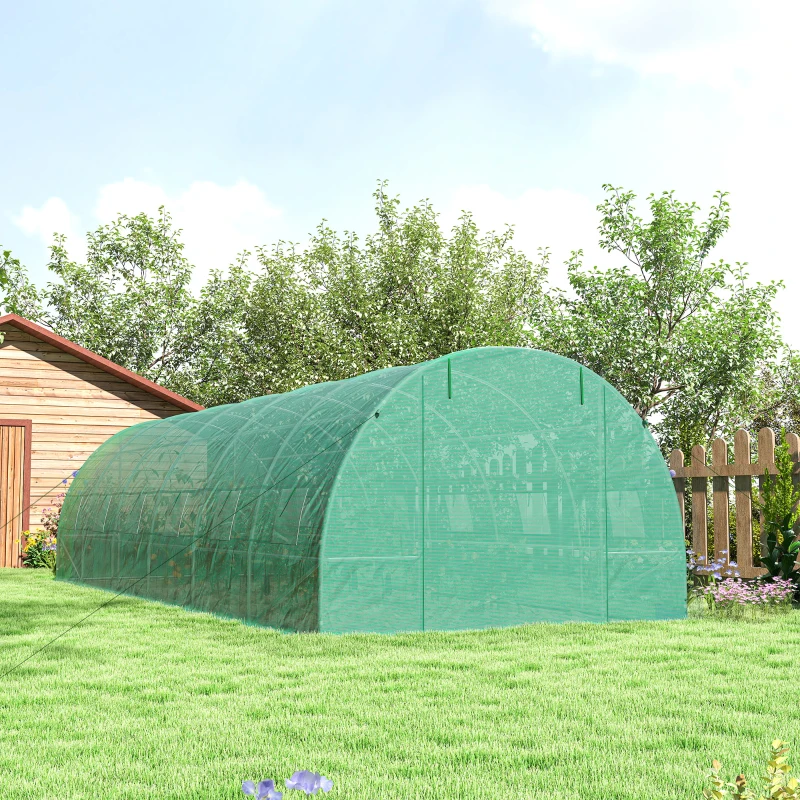 Outsunny Gewächshaus 800x300x200cm Foliengewächshaus Tomatenhaus mit Tür, 12 Fenster, Folientunnel aus verzinktem Stahl, PE, stabiles Treibhaus Pflanztunnel, inkl. Erdanker & Seilen, Grün