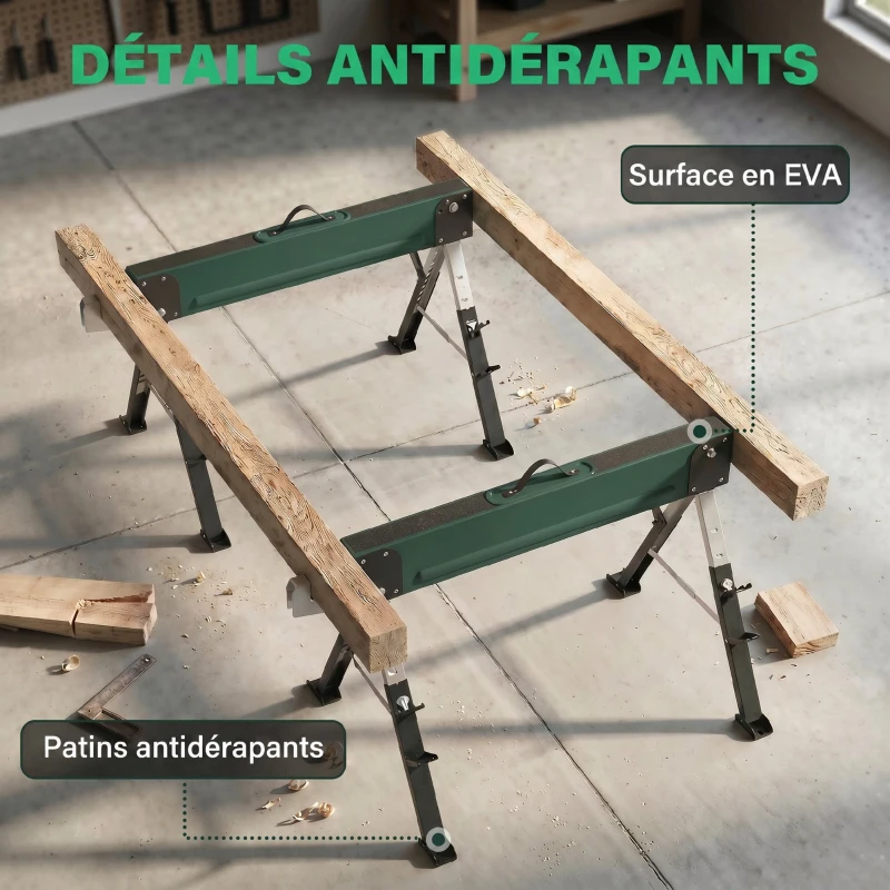 HOMCOM set de 2 cavalete pliabile din metal, sarcină max 1160 kg, înălțime reglabilă 64-81cm, mâner de transport, verde