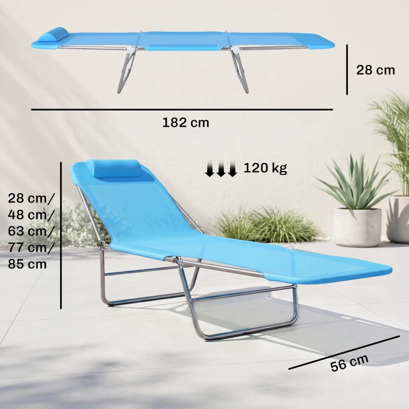 Outsunny Sonnenliege klappbar Gartenliege mit Kopfkissen, 5-Fach verstellbare Rückenlehne bis 120 kg Blau