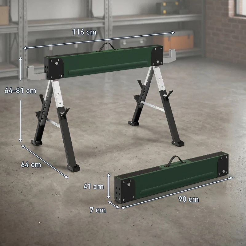 HOMCOM 2er-Set klappbare Metall-Böcke, max. Traglast 1160 kg, höhenverstellbar 64-81 cm, Tragegriff, grün