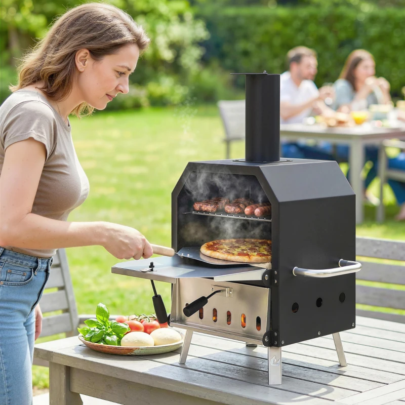 Outsunny Outdoor Pizzaofen Holzbefeuerter Pizza Ofen Edelstahl 2 Ebene Backofen mit 1cm dick Pizzastein Klappbein