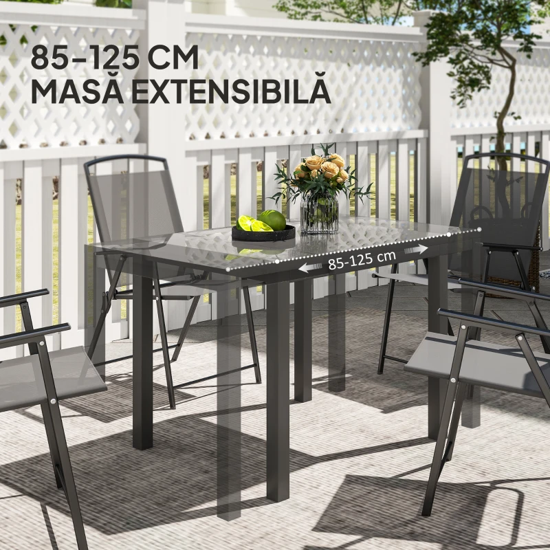 Outsunny Masă de Grădină Extensibilă 85/125 x 70 x 73 cm, Masă de Dining pentru 4-6 Persoane, Dreptunghiulară, din Aluminiu cu Blat din Sticlă, Pentru Patio Terasă Balcon Exterior, Gri Închis