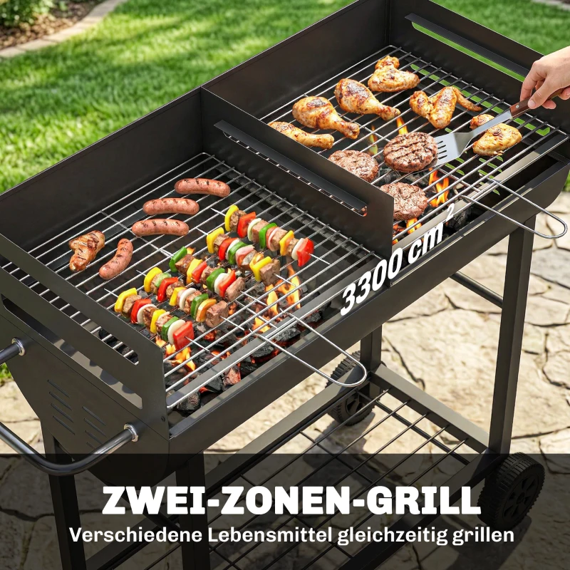 Outsunny Holzkohlegrill Grillwagen mit 2 Grillzonen höhenverstellbarer Grillrost Holzablage Räder Seitengriff, 103 x 46,5 x 100cm