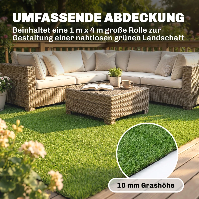 Outsunny Kunstrasen 100x400cm selbstentwässernd Outdoor Teppich mit 10mm Höhe Grün