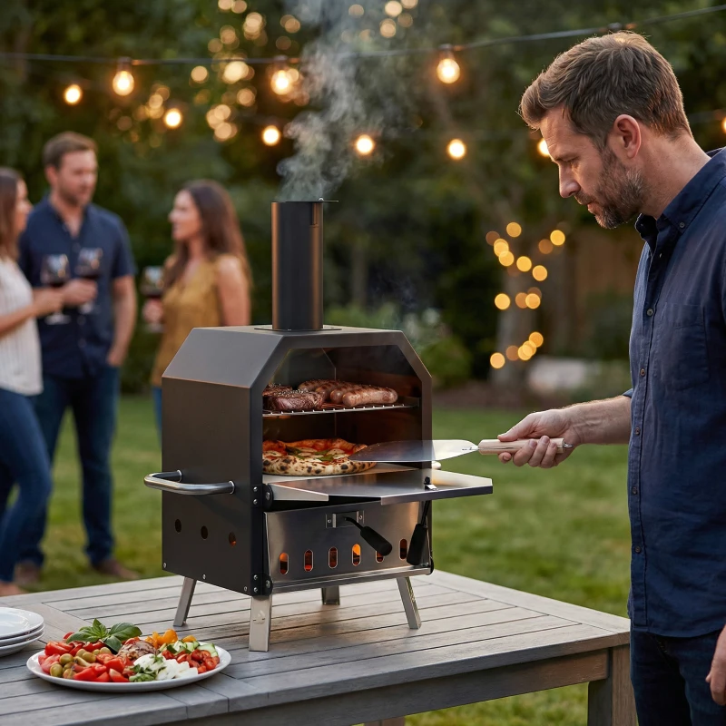 Outsunny Outdoor Pizzaofen Holzbefeuerter Pizza Ofen Edelstahl 2 Ebene Backofen mit 1cm dick Pizzastein Klappbein