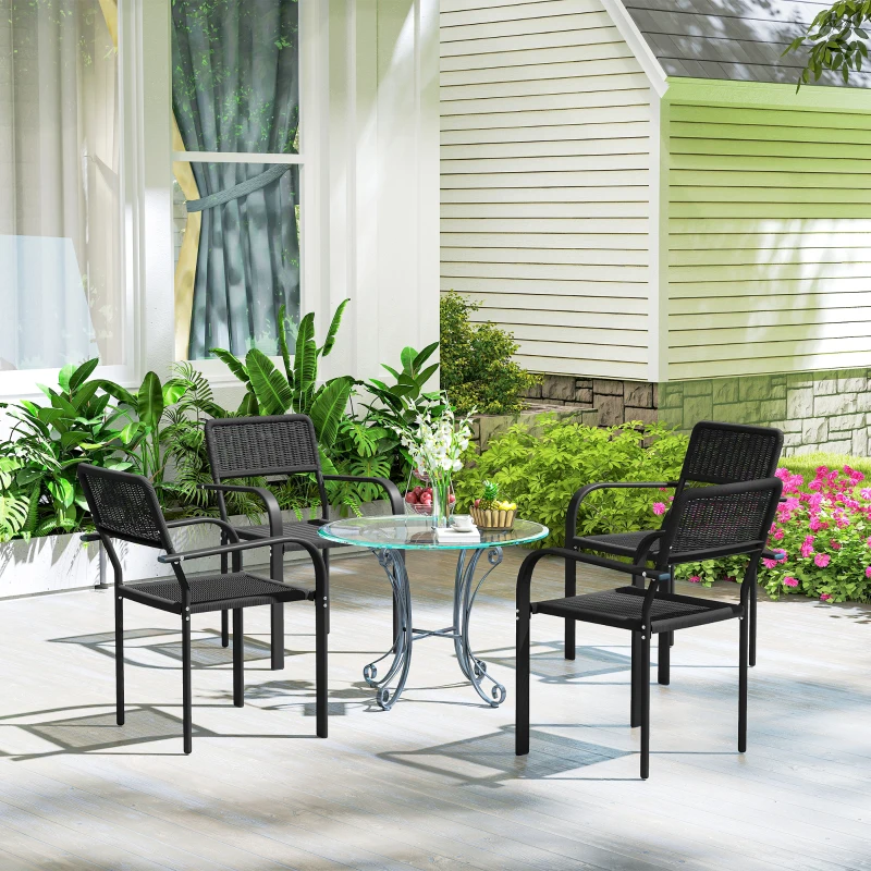 Outsunny Juego de 4 Sillas de Jardín Exterior Apilables con Reposabrazos Respaldo y Marco de Acero 55x60x83 cm Negro