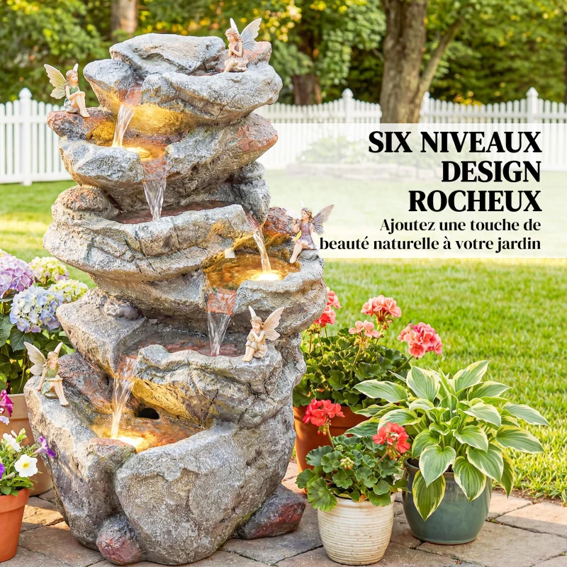 Outsunny Fontaine de Jardin Cascade 6 Niveaux Décoration de Jardin Zen Résine Pierre Naturelle 33 x 27 x 53 cm Gris