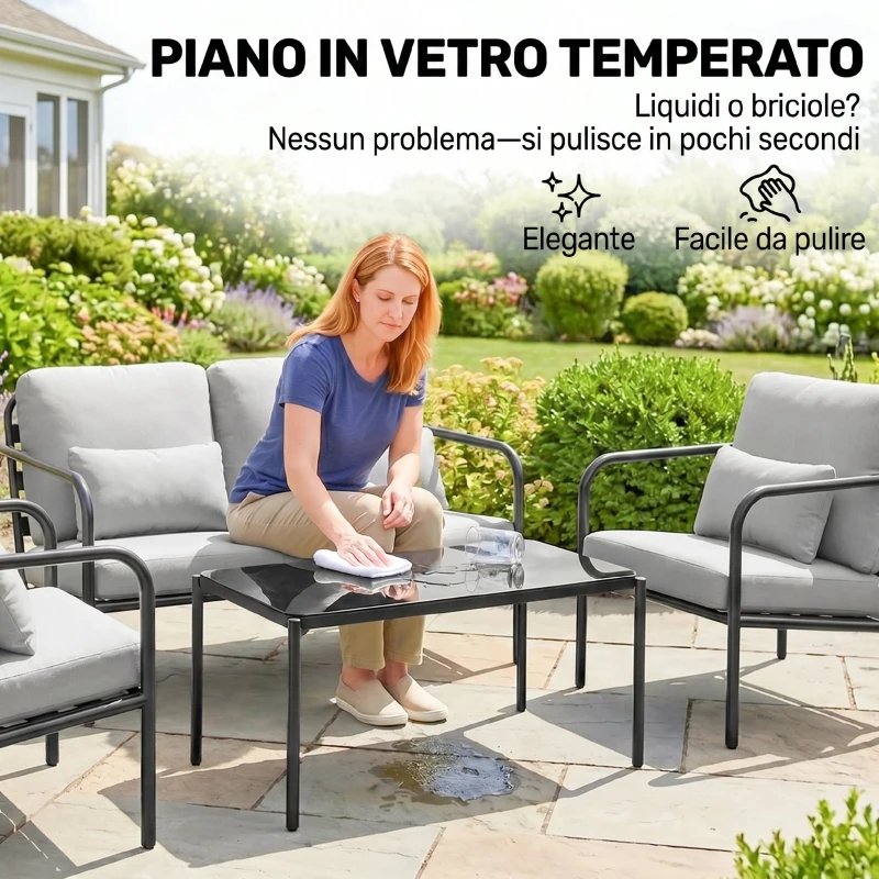 Outsunny Salotto da Giardino 4 Pezzi in Acciaio con Divano 2 Posti, 2 Poltrone e Tavolino, Grigio Chiaro