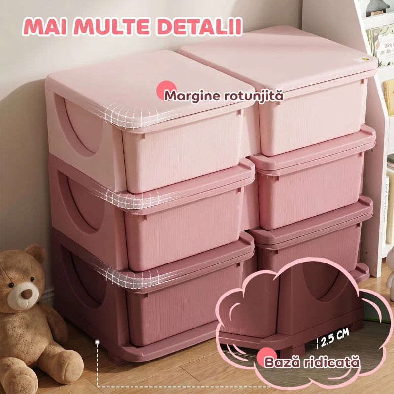 HOMCOM Comodă cu 6 Sertare pentru Copii 3-6 Ani cu Margini Rotunjite, din PP Roz, 75x37x56.5 cm