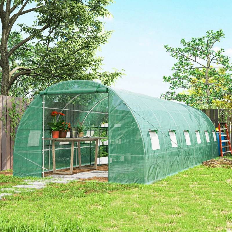 Outsunny Gewächshaus 800x300x200cm Foliengewächshaus Tomatenhaus mit Tür, 12 Fenster, Folientunnel aus verzinktem Stahl, PE, stabiles Treibhaus Pflanztunnel, inkl. Erdanker & Seilen, Grün