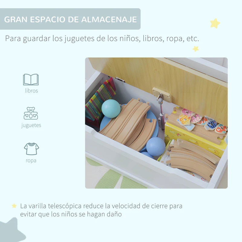 HOMCOM Baúl para Juguetes Banco Almacenaje para Niños con Respaldo y Tapa Amortiguadora Carga 40 kg para Salas de Juego Dormitorio 60x30x50 cm Blanco