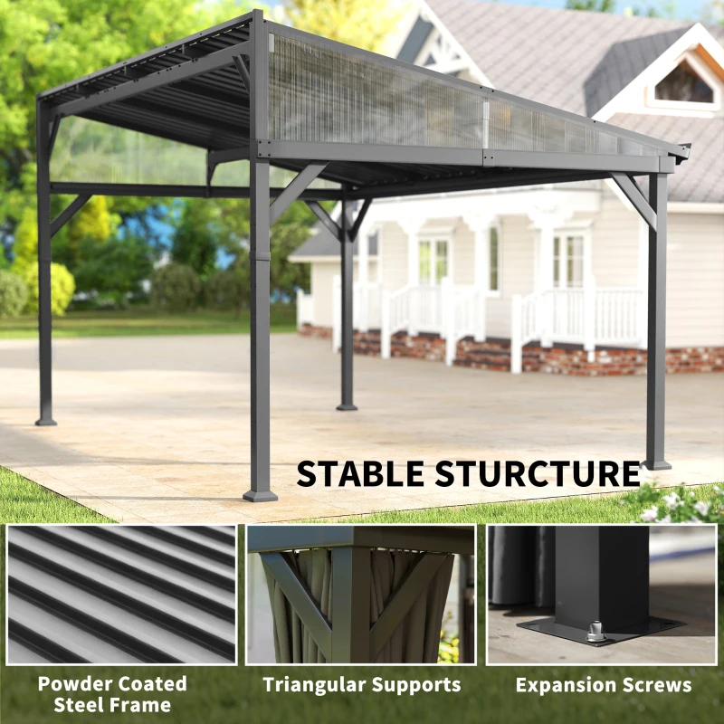 Outsunny 4.3 x 3 m Garden Pergola with Galvanised Steel Roof, Lean to Pergola Gazebo with Netting Curtains, Dark Grey