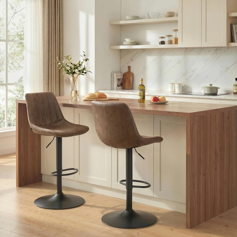 HOMCOM Breakfast Bar Stools Set of 2, 59-80cm Sitting Hight Leather Upholstered Bar Chairs - Brown