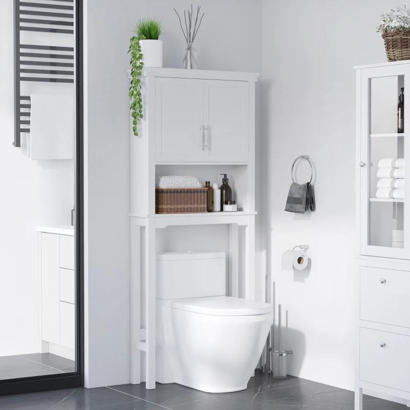 kleankin Meuble WC dessus de toilette avec placard à porte double, étagère réglable et niche, dim. 71 x 20,5 x 165 cm, blanc