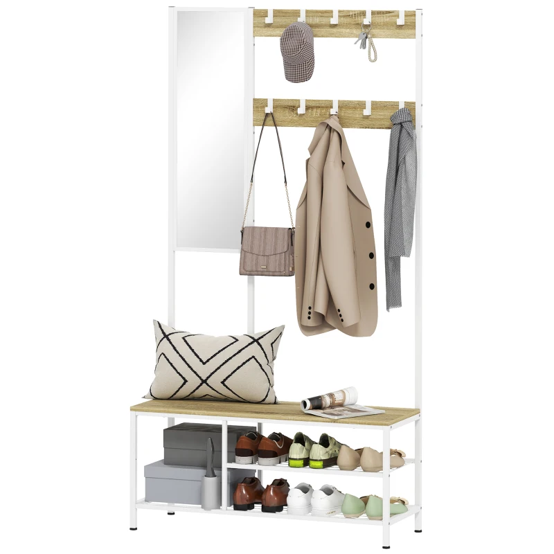 HOMCOM Perchero Zapatero con Espejo 3 Estantes Banco 10 Ganchos Ajustables Estilo Moderno para Pasillo 98x34x186 cm Natural