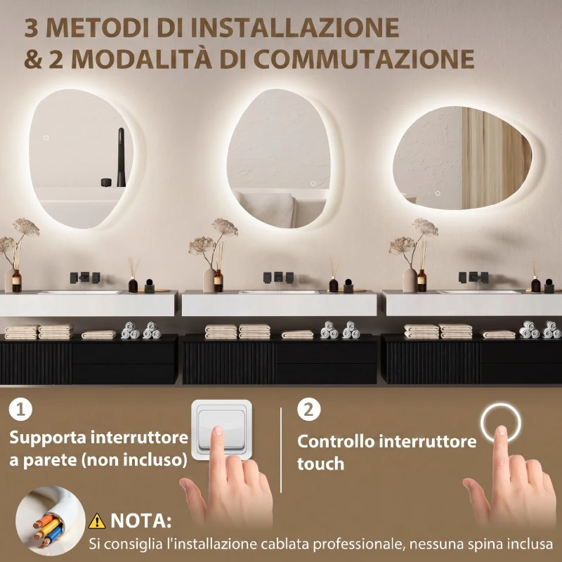 HOMCOM Specchio da Bagno Illuminato a LED con Colore e Temperatura Regolabile, in Vetro Temperato, 70x5x50 cm, Argento