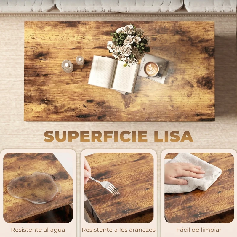 HOMCOM Mesa de Centro con Tapa Elevable Compartimento Oculto Patas de Acero 95x50x40 cm Marrón Rústico