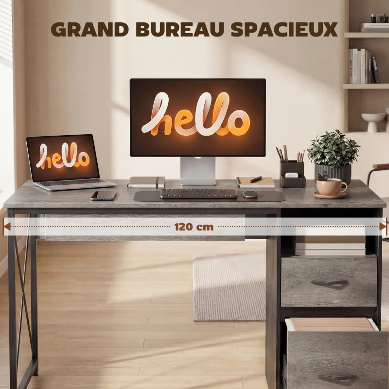 HOMCOM Bureau d'ordinateur, 120×50cm, bureau avec rangement, plateau clavier, compartiment ouvert et 2 tiroirs, gris