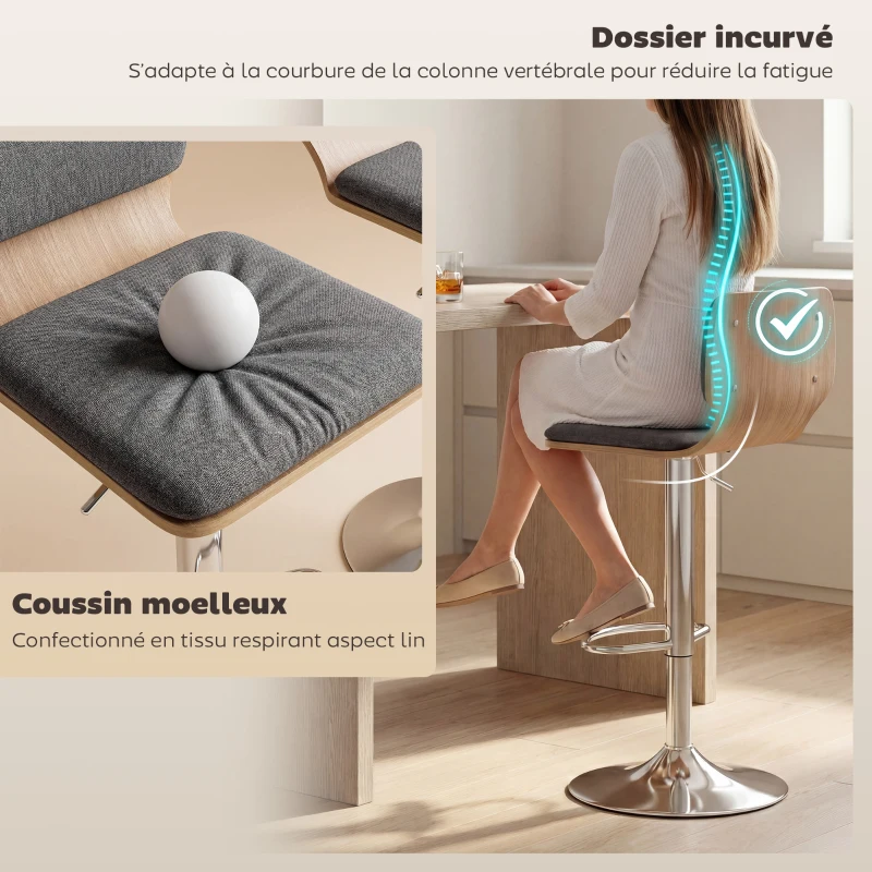 HOMCOM Lot de 2 tabourets de bar chaises de bar réglable en hauteur dossier repose-pieds pivotant 360° 41x47,5x81-102cm gris