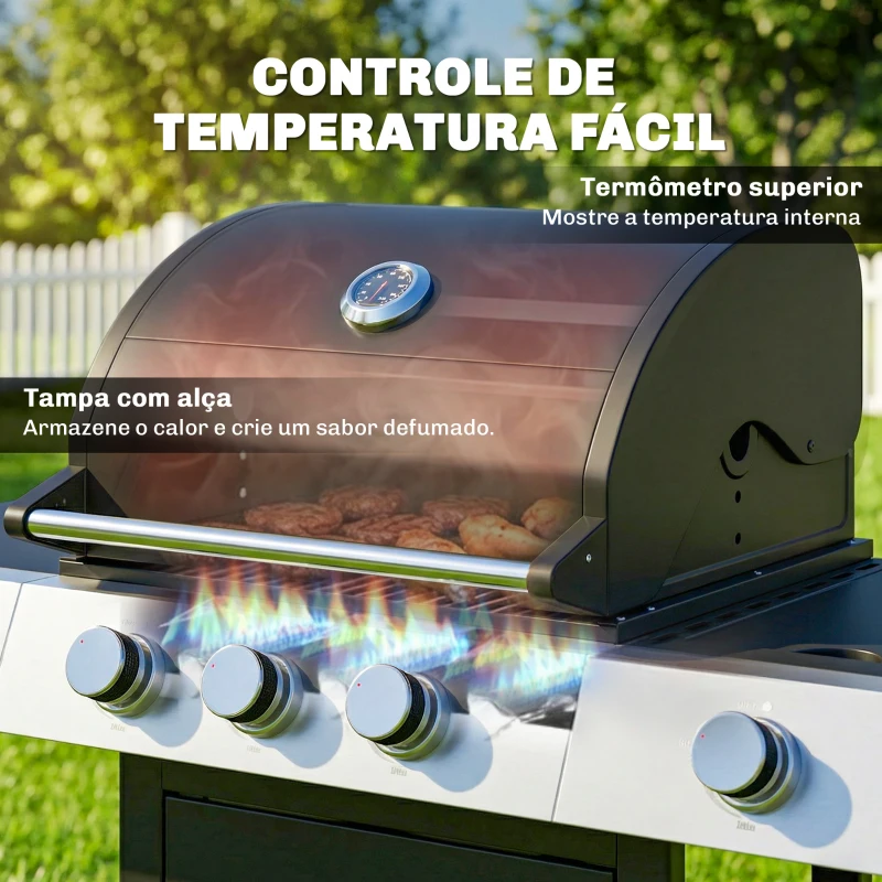 Outsunny Grătar pe Gaz, 3 Arzătoare, Arzător Lateral, Grătare din Fontă, Rafturi Laterale Incluse.