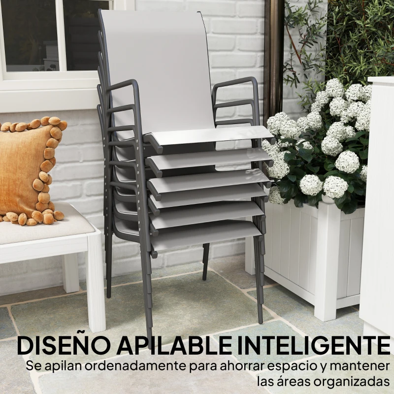 Outsunny Juego de 6 Sillas de Jardín Exterior Apilables con Reposabrazos Asiento y Respaldo de Malla Estructura de Metal Gris