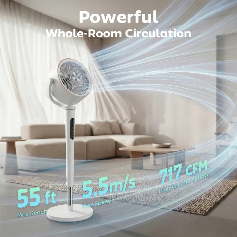 HOMCOM 20dB Silent Standing Fan, 70°+90° Auto Oscillating Fan with 12 Speeds, LED Light, Air Circulator, Remote Control, 12H Timer, for Bedroom, 46 Inch, White