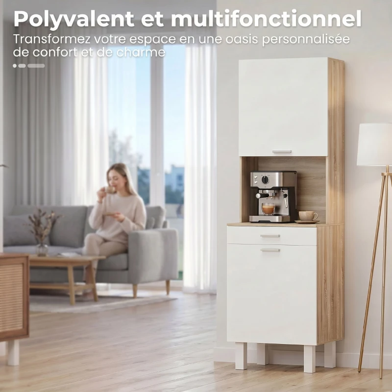 HOMCOM Buffet haut cuisine, armoire de cuisine avec 2 portes, tiroir et plan de travail, 55x40x174 cm, blanc et bois naturel