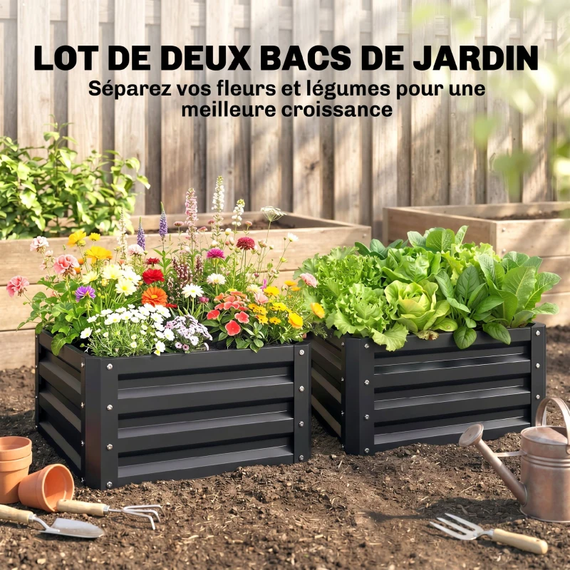 Outsunny Lot de 2 jardinières surélevées, carre potager de jardin pour légumes, fleurs, acier galvanisé 60 x 60 x 30,5 cm, gris