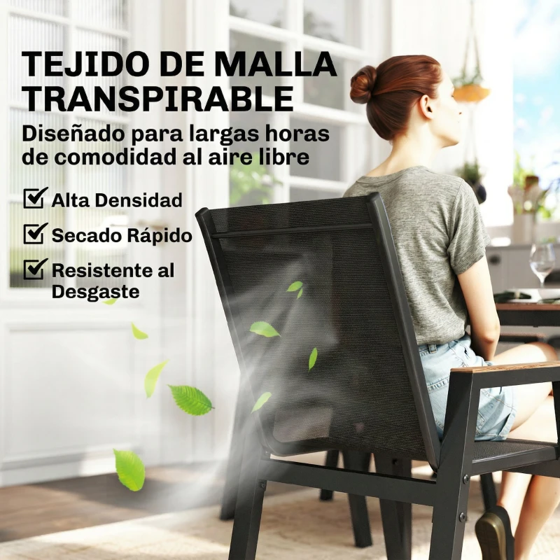 Outsunny Conjunto de Mesa y Sillas Jardín con Mesa con Tablero de Listones y 6 Sillas Transpirables para Terraza Patio Negro