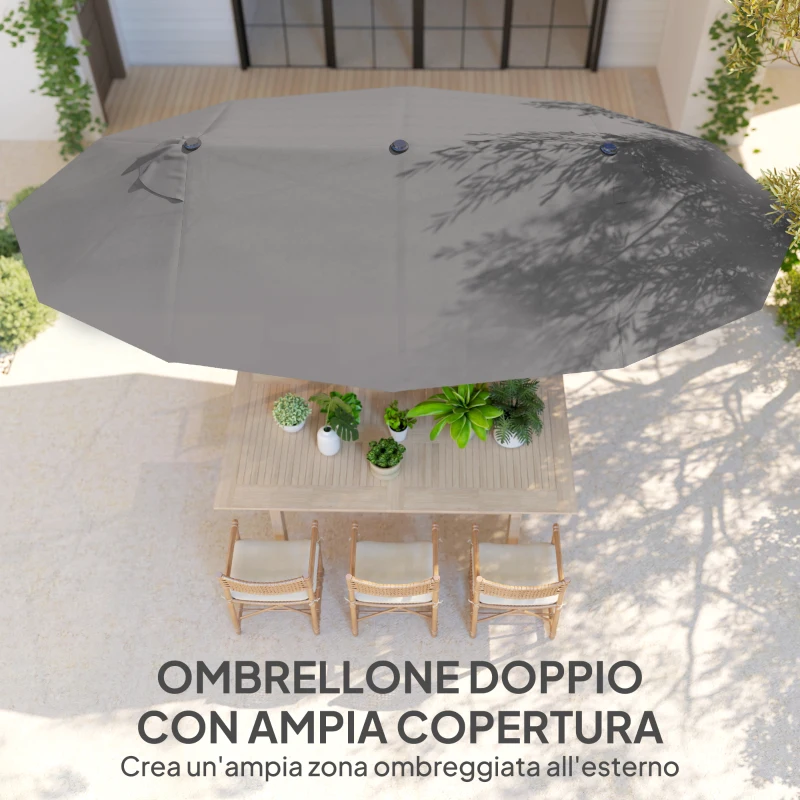 Outsunny Ombrellone da Giardino Doppio da Giardino 4.6x2.7 m a 12 Stecche con Prese d'Aria e Manovella, Ombrellone per Esterno in Acciaio e Poliestere, Anti UV, per Balcone e Terrazza, Grigio